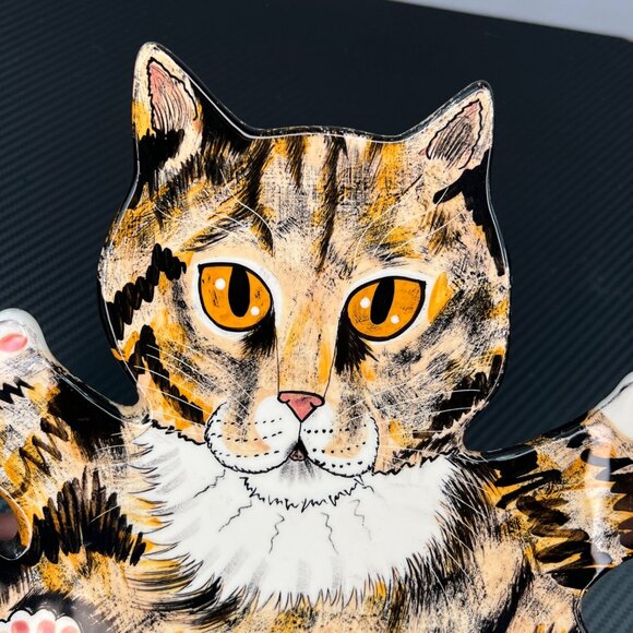 Cats by Nina Lyman Ceramic Cat Shaped Plate Platter Orange Black Calico - Picture 9 of 12